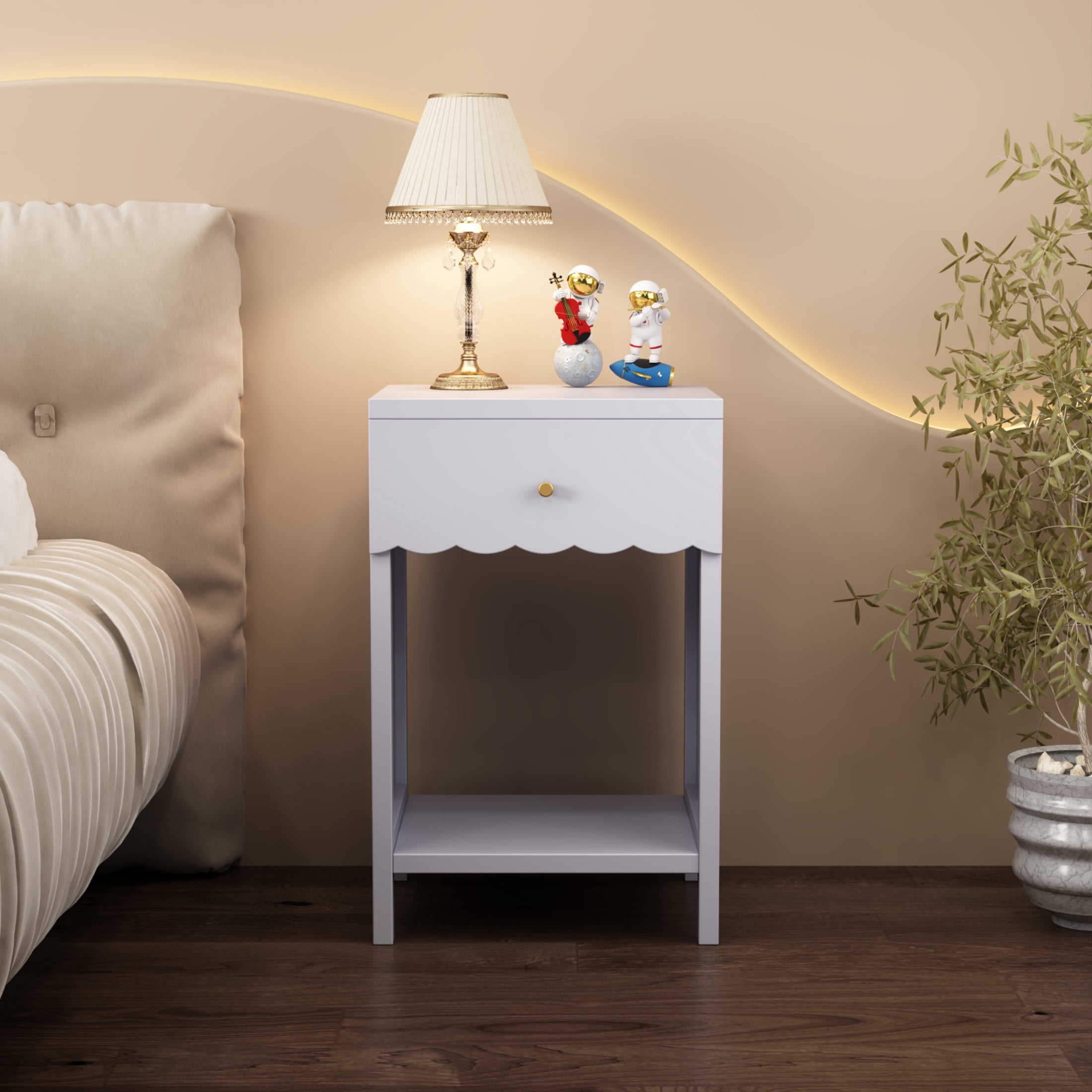 Noble House Modern Scalloped Nightstand with Drawer and Shelf, Cute Bedside Table for Kids Room or Bedroom, Purple