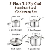Cook N Home Classic Stainless Steel Tri-ply Clad Kitchen Cookware Set, Includes Saucepans, Stockpots with Glass Lids, Frying Pans, Induction-Ready, Dishwasher and Oven Safe, 7-Piece