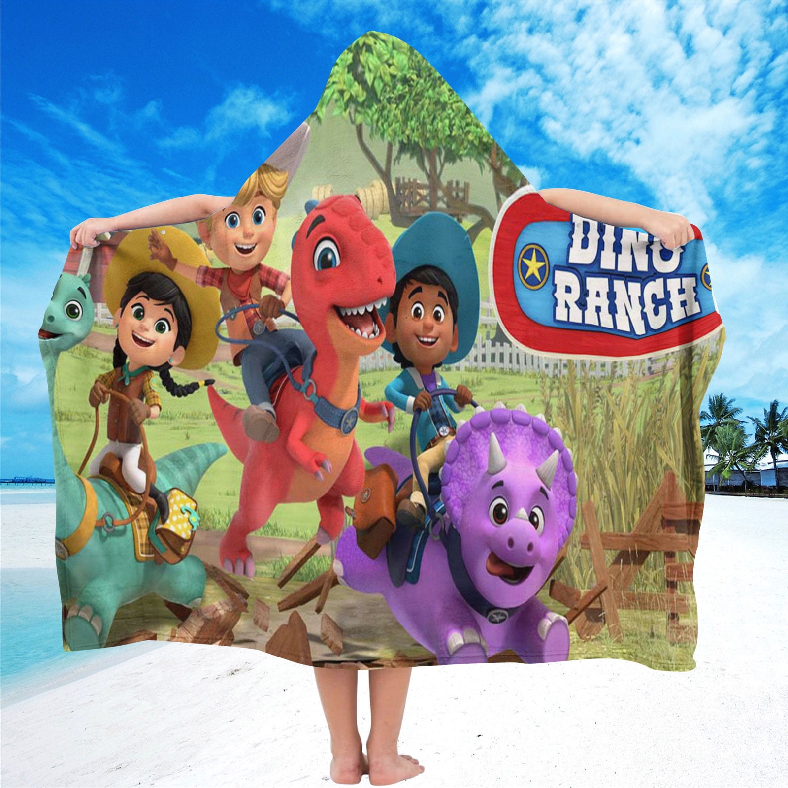 Dino Ranch Hooded Kids Beach Towels Microfiber Bath Hat Toddler Swim Cover-ups Poncho Absorbent Pool Wrap