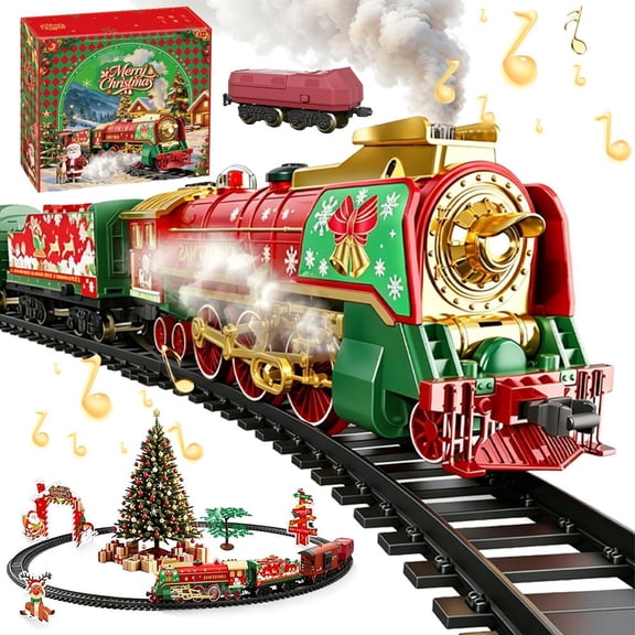53PCS Christmas Train Set with Cool Mist, Remote Control Electric Train Track Toy with Lights and Sound, Holiday Steam Train Model