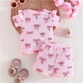 thumbnail image 3 of Hiiyo Girls Summer Outfits Bow Floral Ruffle Ribbed Short Sleeve T-Shirt Shorts Set, 3 of 6