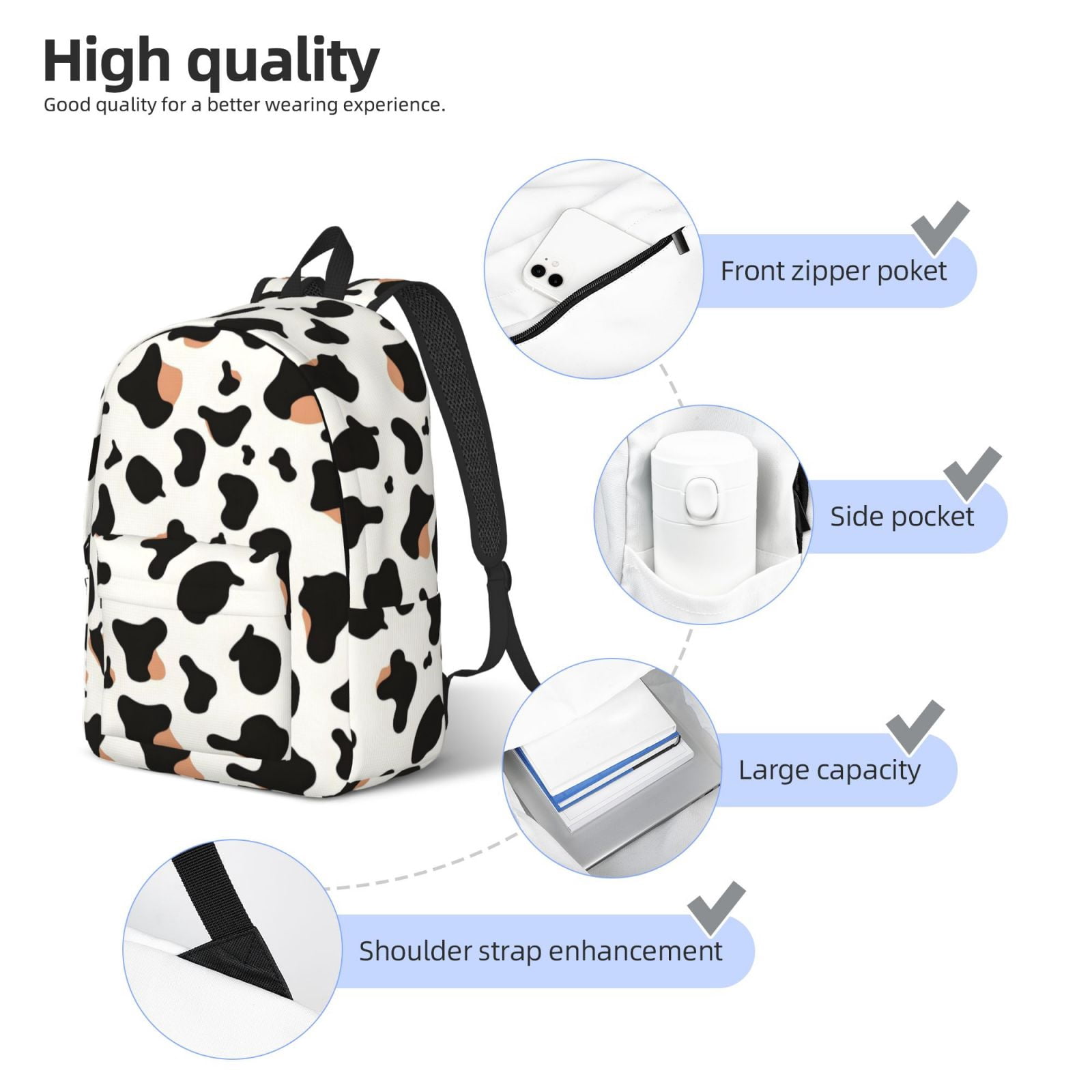 Casual Canvas Backpack Without Interlayer Large Capacity Stick Bag Design For Outdoor Shopping Office Outdoor Sports Simple Cow Print Pattern1_1 Medium