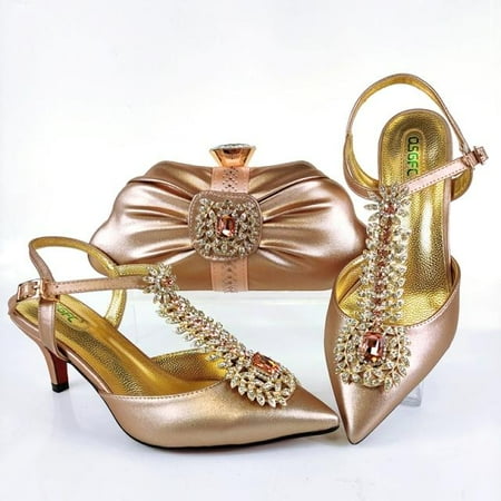 

2021 New Arrival Fashion Style Italian Design Pink Color Ladies Shoes and Bags To Match Set Decorated with Rhinestone for Party