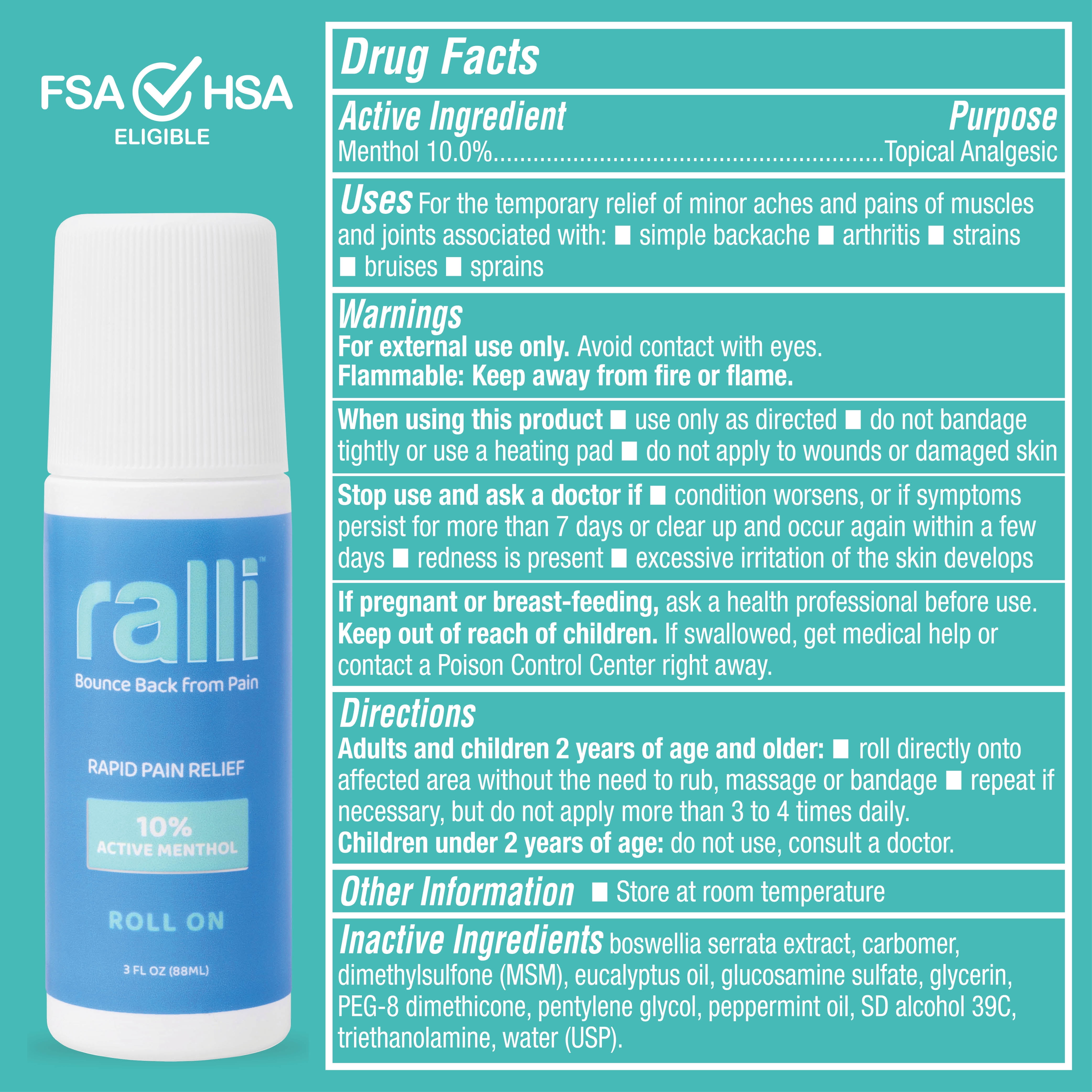 (2 pack) Ralli Rapid Pain Relief Roll-On for Muscle Aches, Joints, and Arthritis, 3oz OTC Medicine