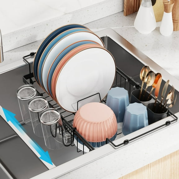 iSPECLE in Sink Dish Drying Rack - Expandable Over Sink Dish Rack with Cup Holder, Dish Drainer for Kitchen Counter with Utensil Holder Large Capacity, Fit 12.4"-18.7" Sink, Black