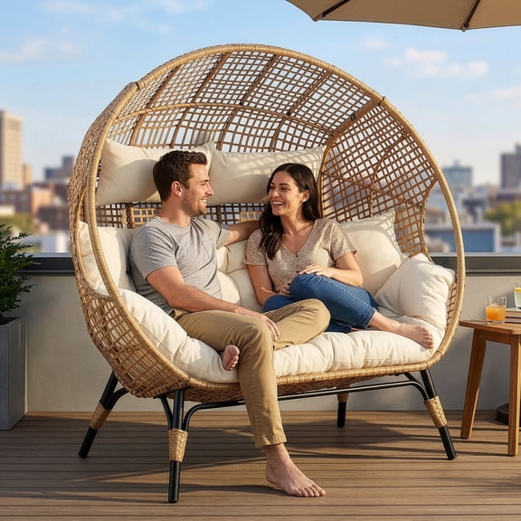 RADIATA Double Egg Chair Indoor Outdoor Stationary Oversized Thicken Padded Cushions,2 Person Egg Loveseat Chair,600 lbs Extra Large Lounge Chair for Patio Balcony Porch Backyard Beige