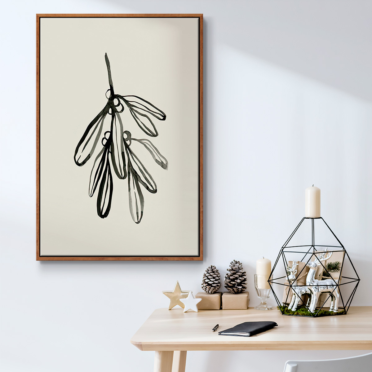 Mistletoe Sketch I - Framed Gallery Wrapped Holiday Canvas - 17 x 25 - Rosewood Frame