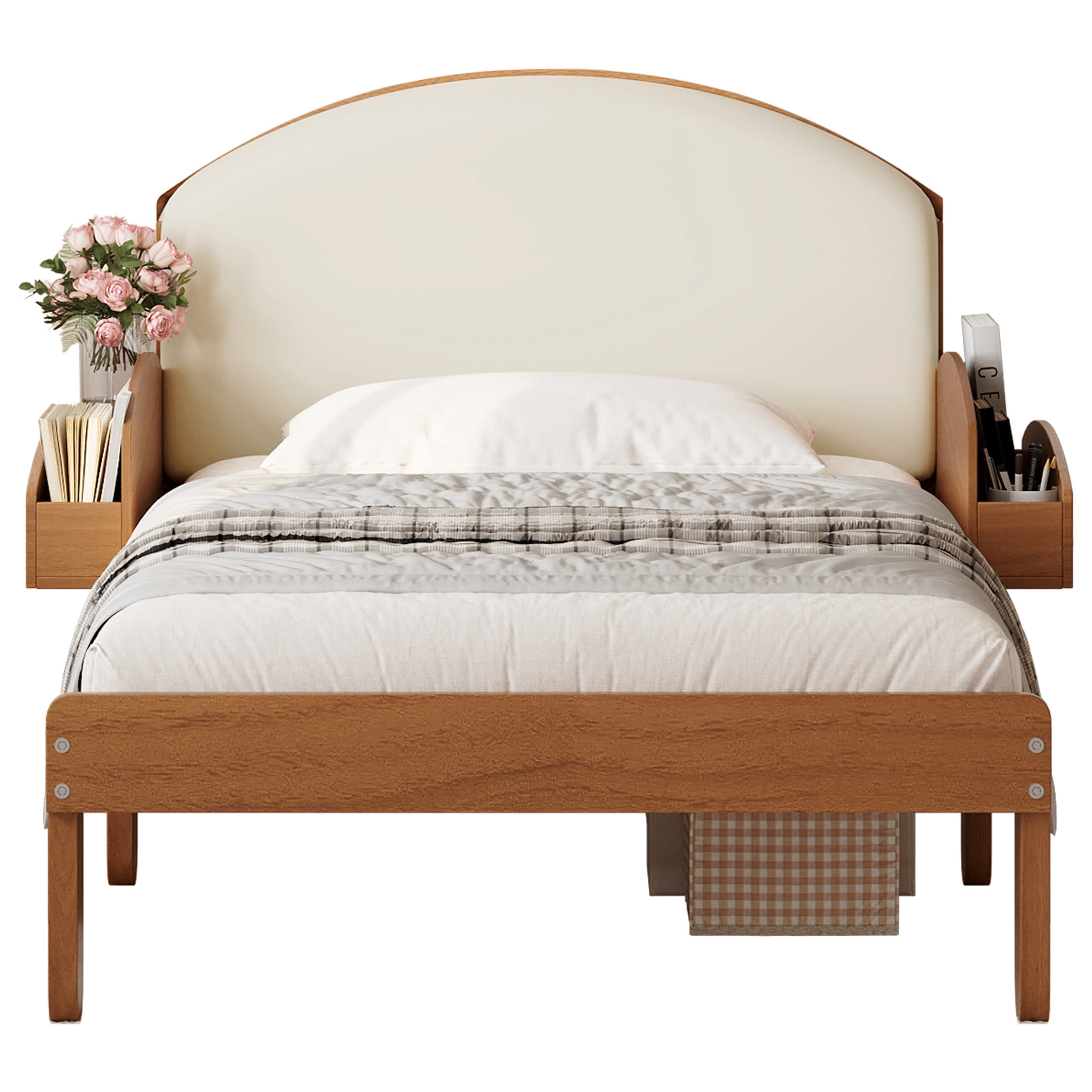 Noble House Twin Size Platform Bed with Curved Padded Headboard, Side Storage Shelves, Light Walnut