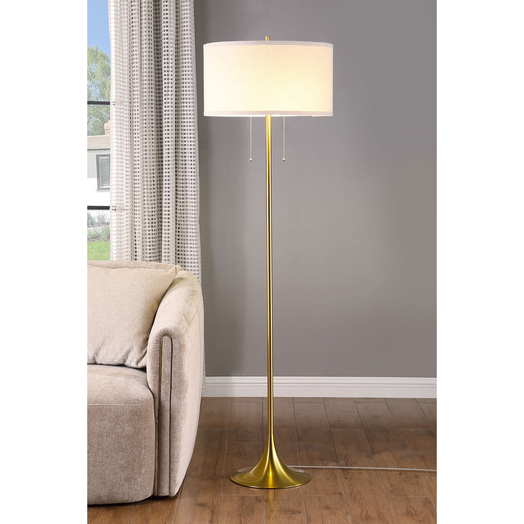 Benjara Adjustable Height Floor Lamp - White Metal Rectangular Shade With Pull Chain