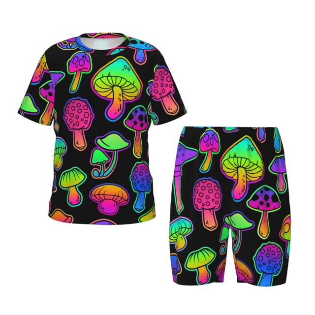 Fotbe Bright Mushrooms Pijama Estampada de 2 Piezas para Niños – Ropa de Dormir de Manga Corta Cómoda para Niños y Niñas, Camiseta y Shorts de Algodón-Large