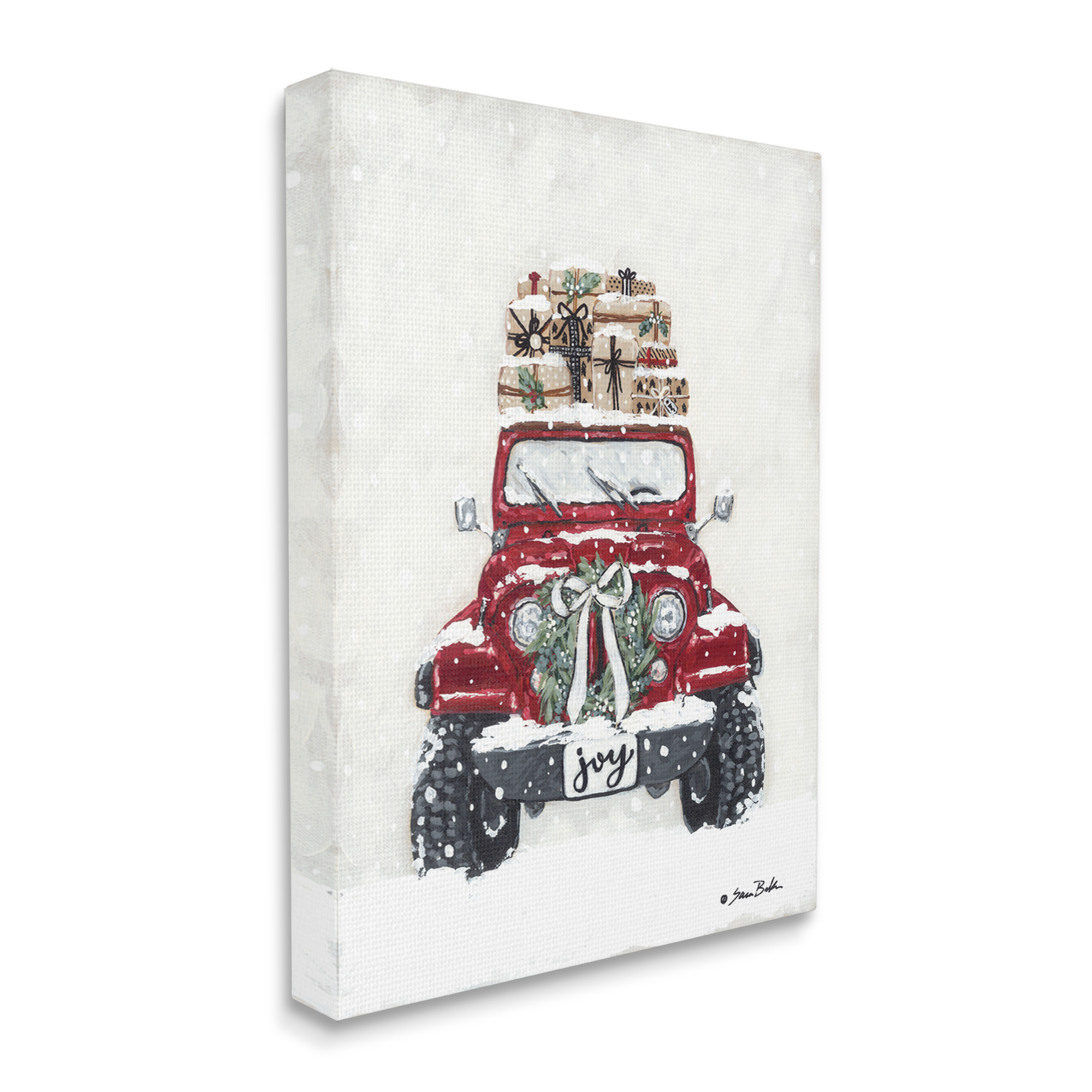 Festive Red Truck Christmas Presents Snowscape Flurry Transportation Painting Gallery-Wrapped Canvas Print Wall Art