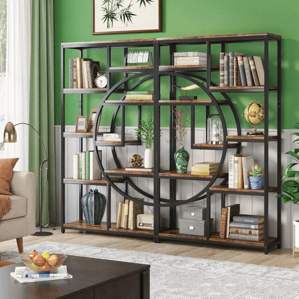 9-Tier Etagere Bookcase, Black Metal Frame with Rustic Brown Boards, Half-Moon Silhouette, Industrial Style for Living Room/Home Office