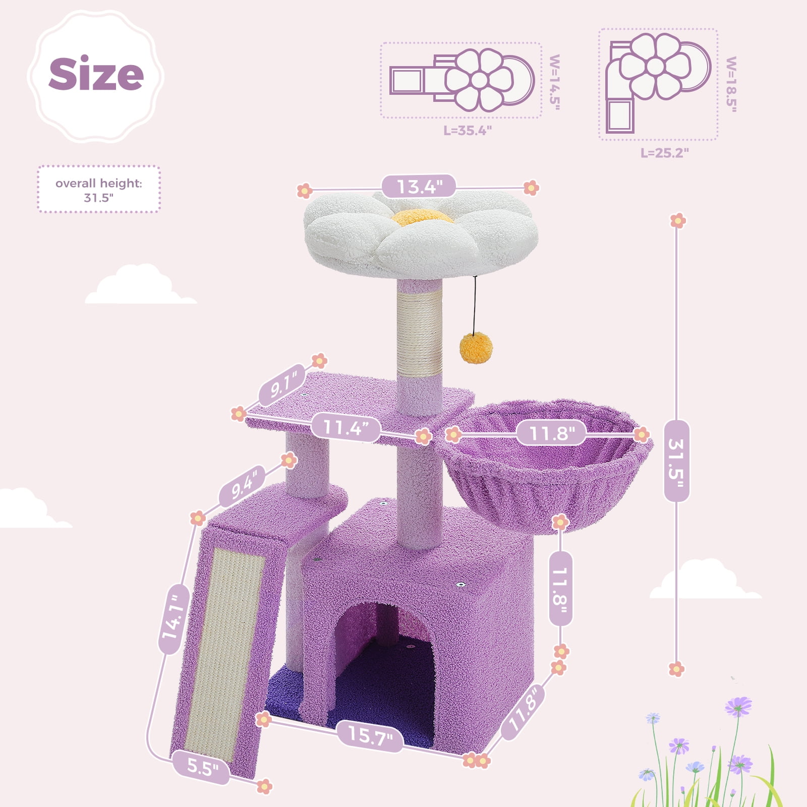 Pefilos 32" Cat Tree Tower, Cute Cat Condo with Sisal Scratching Ramp, Cozy Hammock and Removable Top Bed Perch for Indoor Kittens, Purple