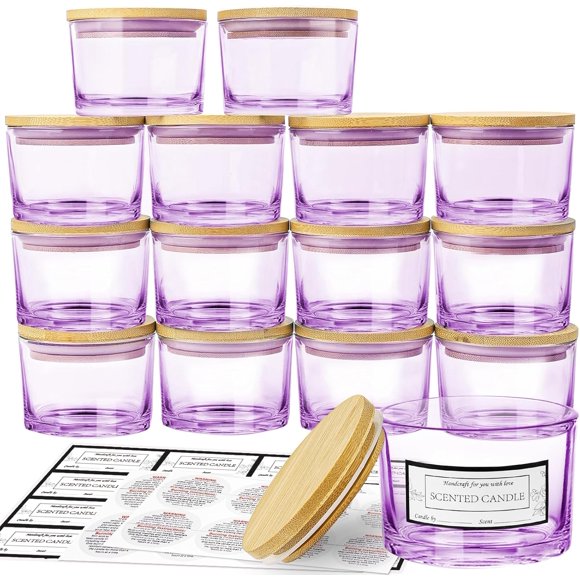 CONNOO 15 Pack 4 OZ Purple Glass Candle Jars with Airtight Bamboo Lids for Making Candles, Bulk Small Wide Mouth Empty Candle Containers with Sticky Warning Labels - Dishwasher Safe, Lavender