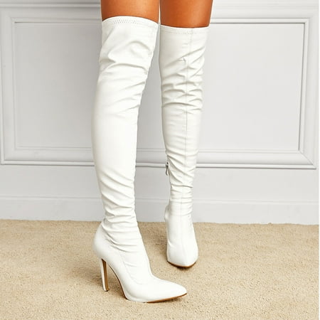 

VKEKIEO Knee High Boots Women Peak Toe High Heel Heels Zip-Up White Fall Boots