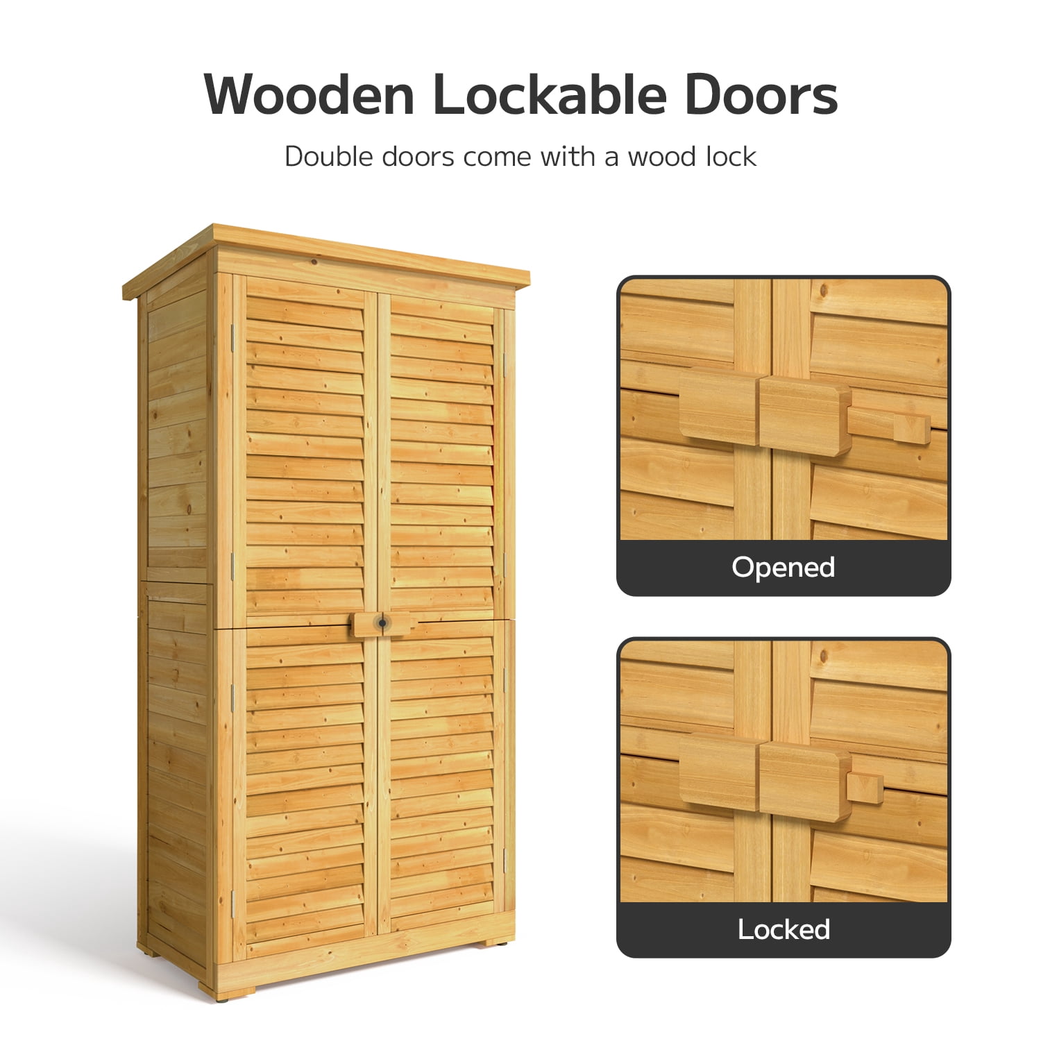 Asofer Wooden Outdoor Storage Shed, Waterproof Sloping Roof, Adjustable Shelves & Lockable Door, Natural