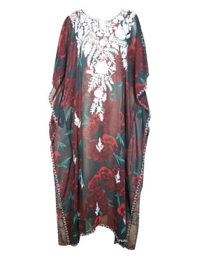 Mogul Women Boho Sheer Maxi Kaftan Rose Floral Print Kimono Sleeves Beach Cover Up Summer Holiday Kaftan 4X