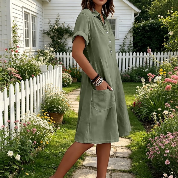 Women's A Line Dresses Collared Short Sleeve Linen Blend Shirt Dress with Pockets Casual Swing Summer Midi Sundress Olive Green 2XL