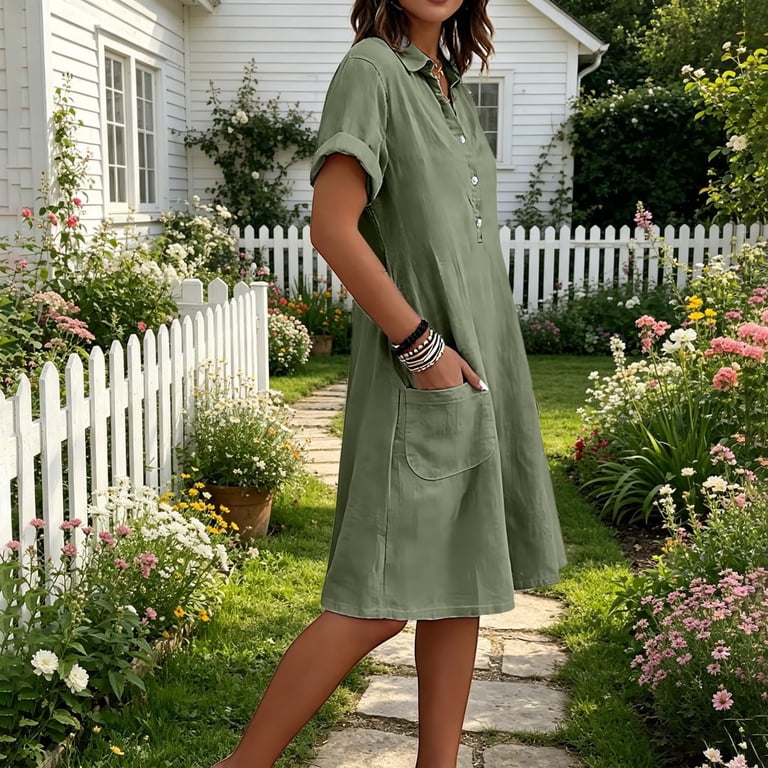 green tunic dresses Efsteb Mini Dresses for women summer Cotton Button Collared Short Sleeve Casual Dress with Placket Solid Color Loose Fit Tunic Dress (Army Green,S),