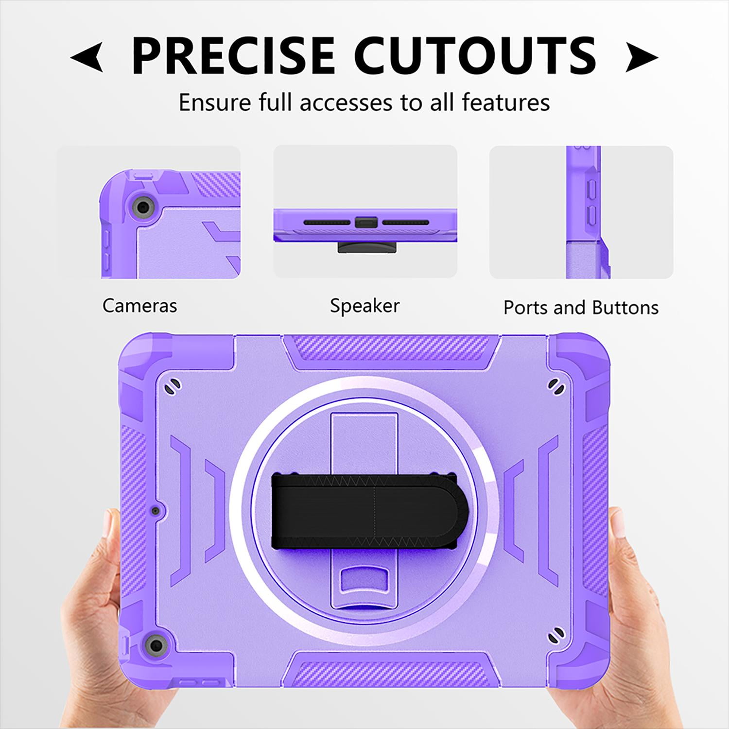 Shockproof Case for Apple iPad 6th 5th Generation, with Pencil Holder Military Grade Protection Rotating Stand Hand Strap Shoulder Strap Bumper Rugged Case for iPad 6th 5th Gen 9.7", Purple