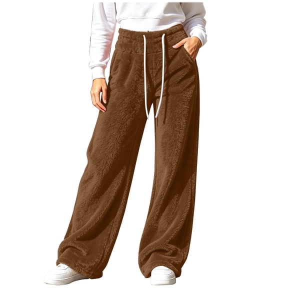 Agkizg Women's Fall Winter Pants, Solid High Waist Fleece Lined Wide Leg Pants Drawstring Warm Casual Long Trousers with Pockets