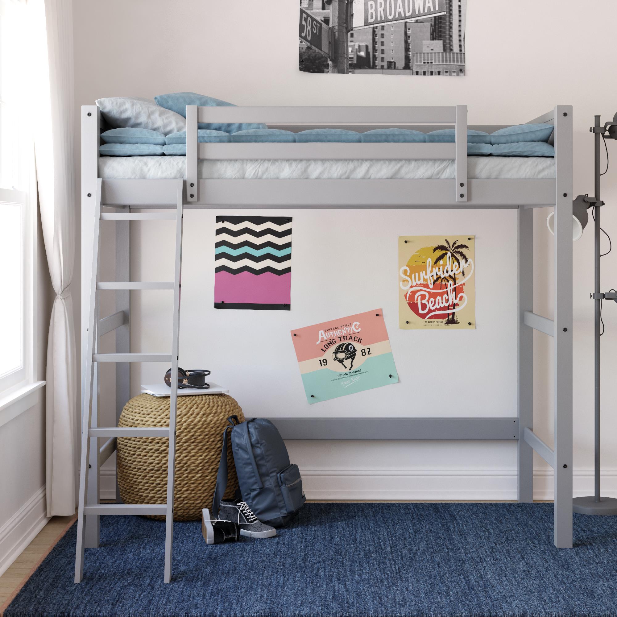 Your Zone Kids Wooden Loft Bed with Ladder, Twin, Gray