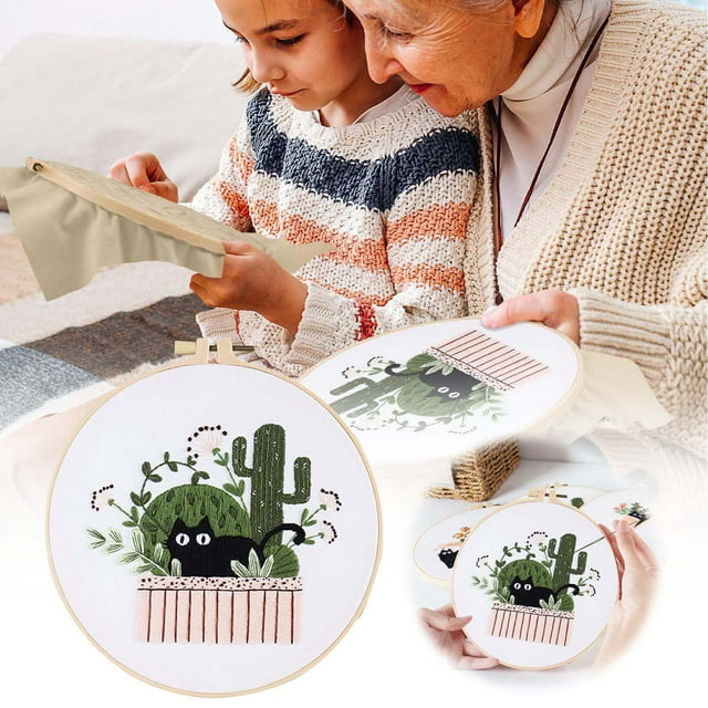 Needle and Thread Kit Cat Embroidery Kit For Beginners Floral Modern Botanical Hand Sewing Set With Clear Patterns
