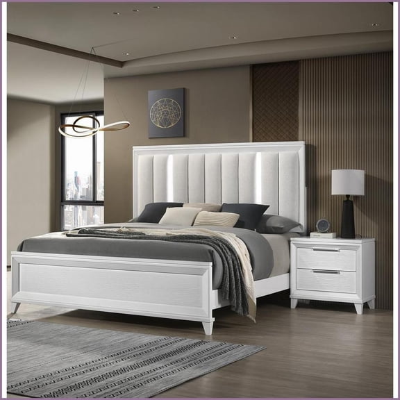 3pc King Bedroom Set | 2 Nightstands White Solid Wood LED Upholstered Headboard | Solid Wood | White