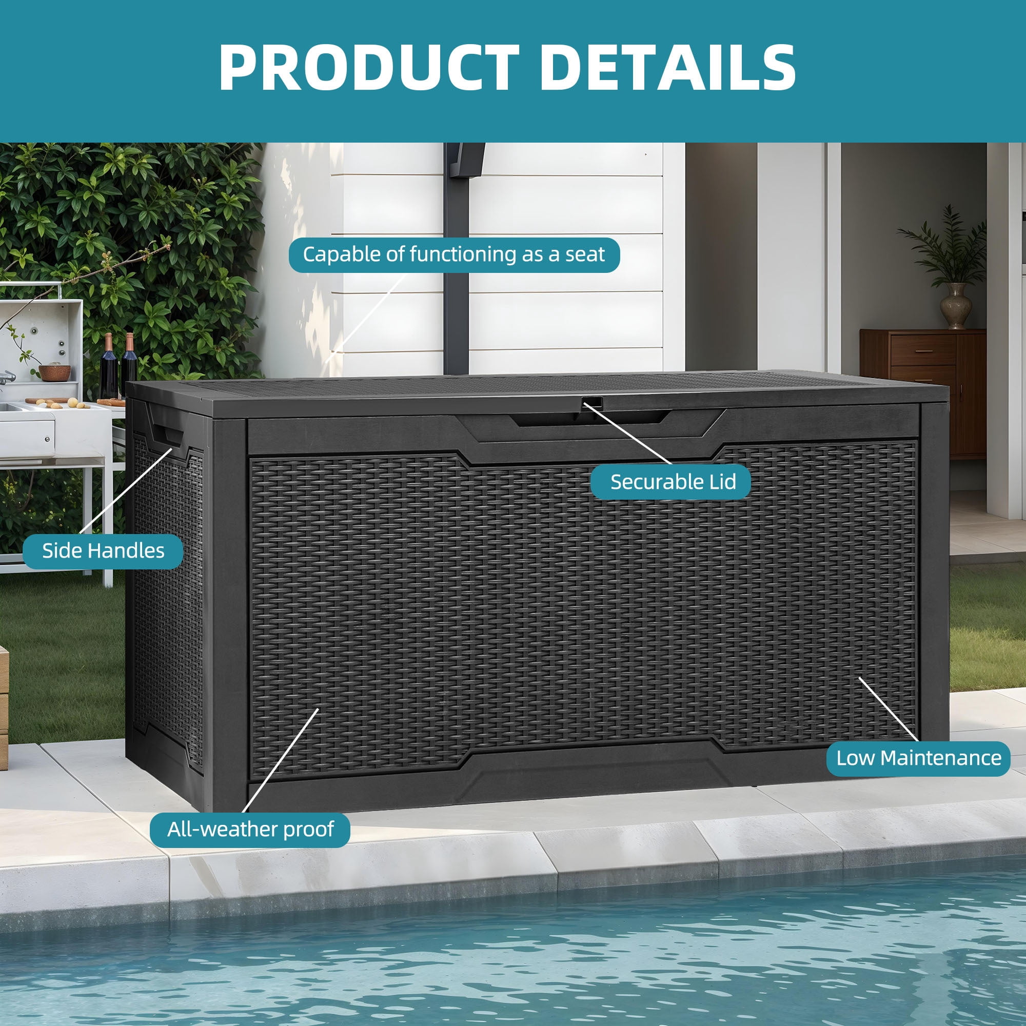 Uforic 100 Gallon Lockable Resin Outdoor Storage Deck Box, Uforic Multipurpose Storage Chest for Patio Accessories Garden Tools Daily Essentials, Weather Resistant, Black