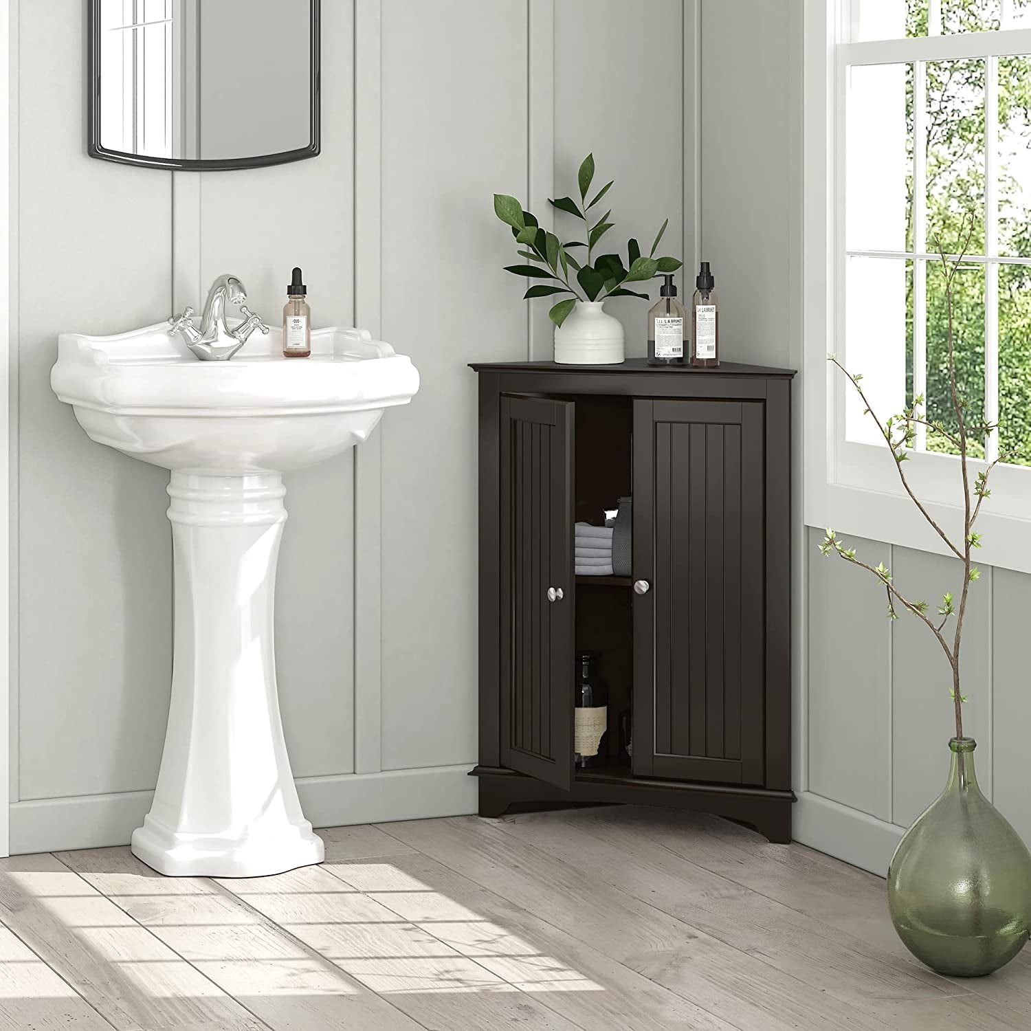 Spirich Corner Cabinet, Free-Standing Modern Storage with Adjustable Interior Shelf and Three Shelves, Espresso Wood