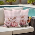 thumbnail image 4 of Pink Pumpkin Fall Outdoor Waterproof Pillow Covers, Plaid Thanksgiving Botanical Floral Checkered Decorative Square Throw Pillowcase Sofa Cushion Sham for Patio/Couch/Chair, 16"x16" 2 Pack, 4 of 8