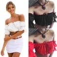 thumbnail image 2 of Women Cute Off Shoulder Short Sleeve Color Crop Top Blouses Casual Tshirt Clothes, 2 of 8