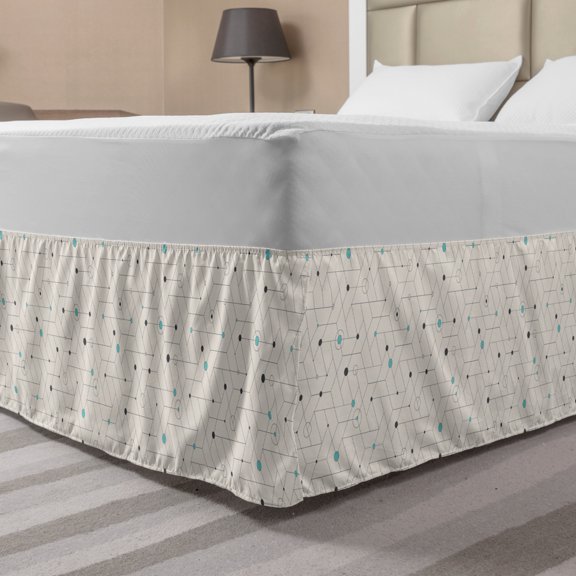 Geometric Bed Skirt, Abstract Intricate Hexagonal and Triangles Grid with Rounds, Elastic Bedskirt Dust Ruffle Wrap Around for Bedding Decor, 4 Sizes, Seafoam Dark Grey, by Ambesonne