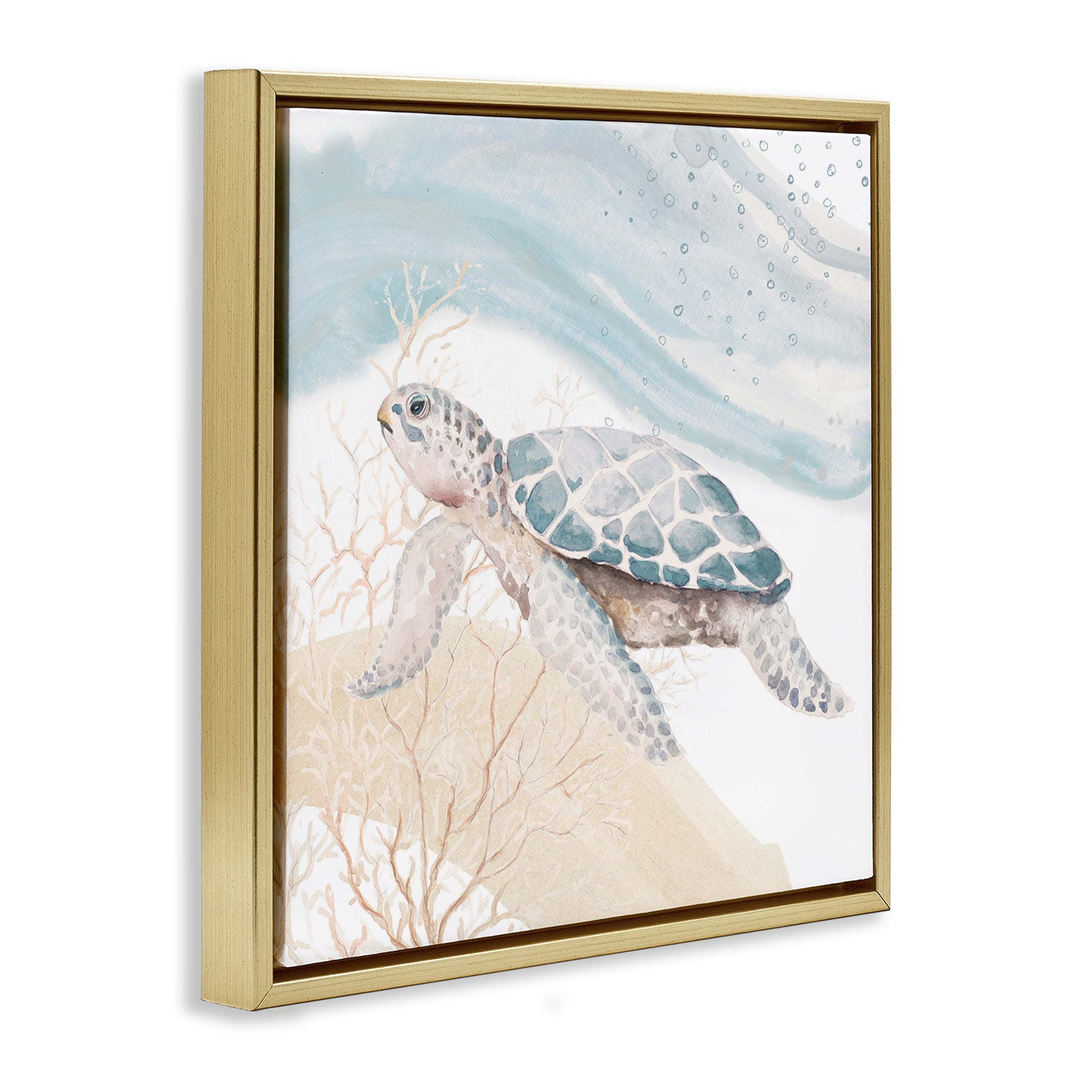 Stupell Industries Swimming Aquatic Turtle Animals & Insects Painting Gold Floater Framed Canvas Art Print Wall Art, 25 x 25