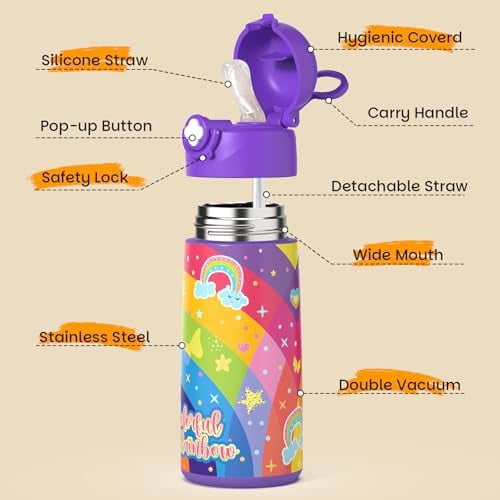 Girls Insulated Water Bottle with Covered Pop-Up Straw,16 oz Kids Cups with Stainless Steel Leak Proof for School Pink（Unicorn）