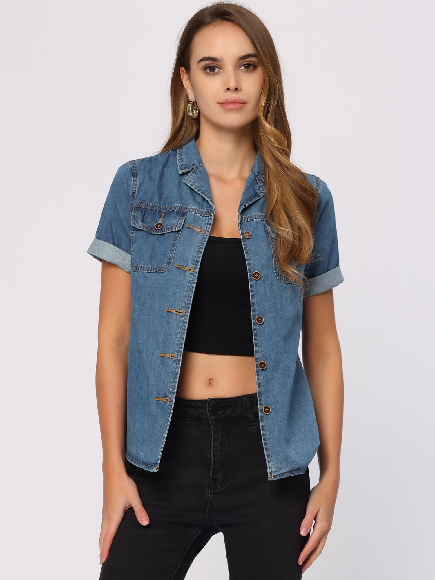 DARING DIVA Women's Denim Collared Short Sleeve Chest Pocket Button Up Shirt L Blue