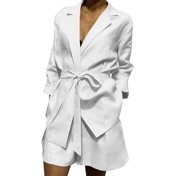 JIKNTTR Women's Summer Outfits Matching Lounge Sets Lapels Business Office Plain Long Sleeve Suit Jacket Slim Fit Shorts 2 Piece Set Stylish Short Pants Lounge Sets Tracksuit