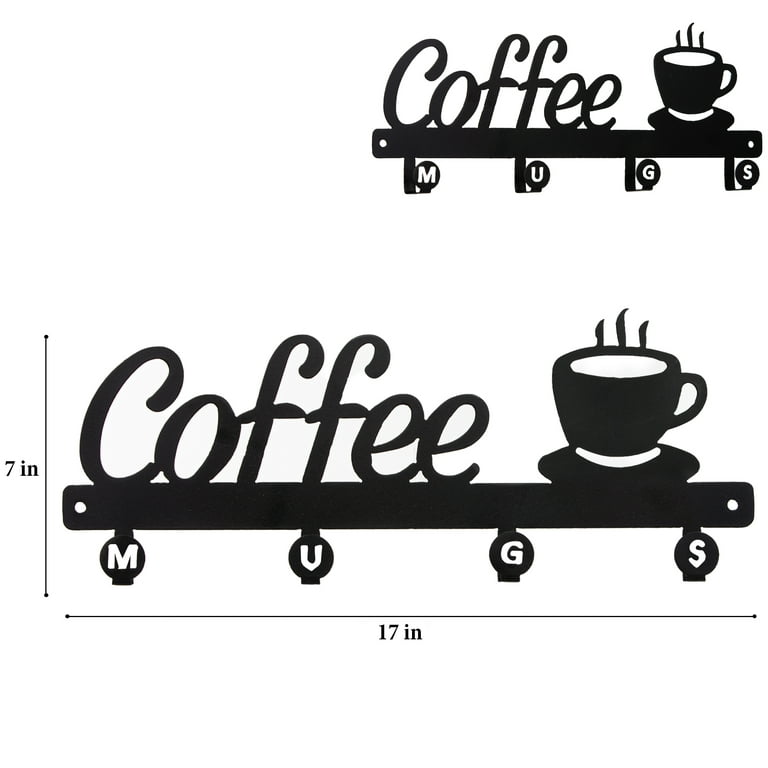 Coffee Bar Decor Sign Coffee Mug Holder Wall Mounted -Coffee Cup Rack Holds  4 Cups, Coffee Sign Mug Hanger, Mug Storage Coffee Signs Made in The USA