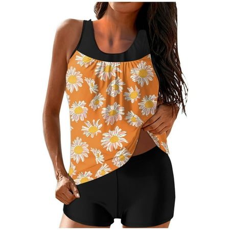 Busydd Womens Swimsuits Fashion Floral Print Bathing Suit for Women Two Piece Tankini Swimsuits for Women Round Neck Pleated Tank Tops with Boyshorts