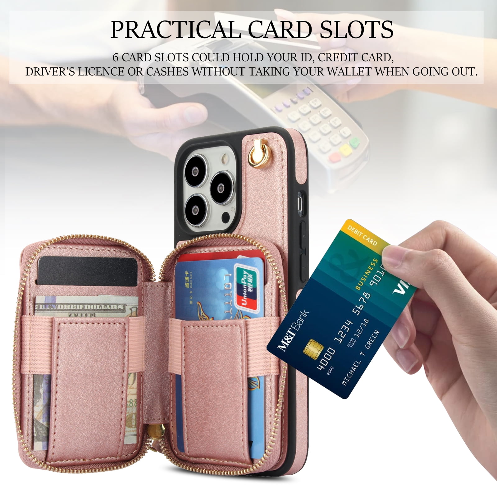 Compatible with iPhone 15 Pro Max 6.7 inch Wallet Phone Case Tempered Glass Screen Protector Wrist Crossbody Strap Stand Credit Card Holder RFID Slot Cell Cover for iP15ProMax Women Girls Rose Gold