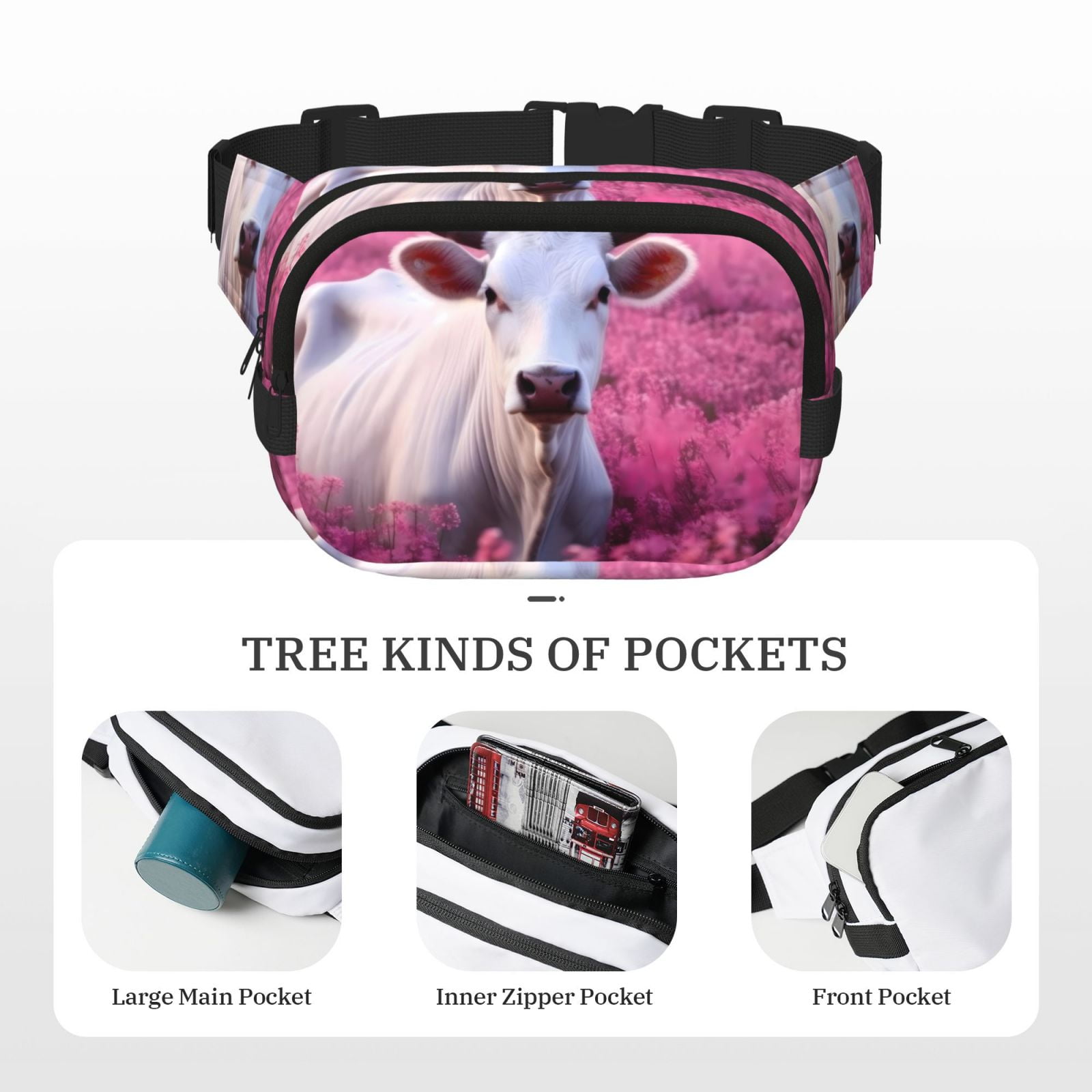 Picia Flower Field Cow Print Square Double-Layer Waist Bag Mini Adjustable Waist Belt Bag Exercise Running Travel Hiking