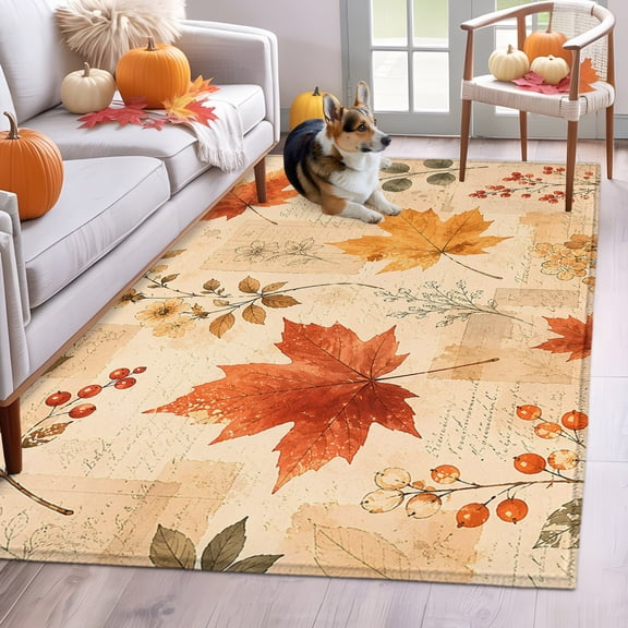Thanksgiving Fall Area Rug 3x5 FT, Non Slip Entryway Bedside Carpet, Watercolor Orange Maple Leaves Plants Washable Soft Floor Carpet Indoor Mat Non-Shedding Throw Rug for Dorm Kitchen Home Office