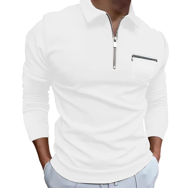 Blusa y camisa de manga larga con cuello vuelto para hombre, color liso, con bolsillos, mangas largas, cuello vuelto, camisa de golf de moda para hombre, parte superior de poliéster
