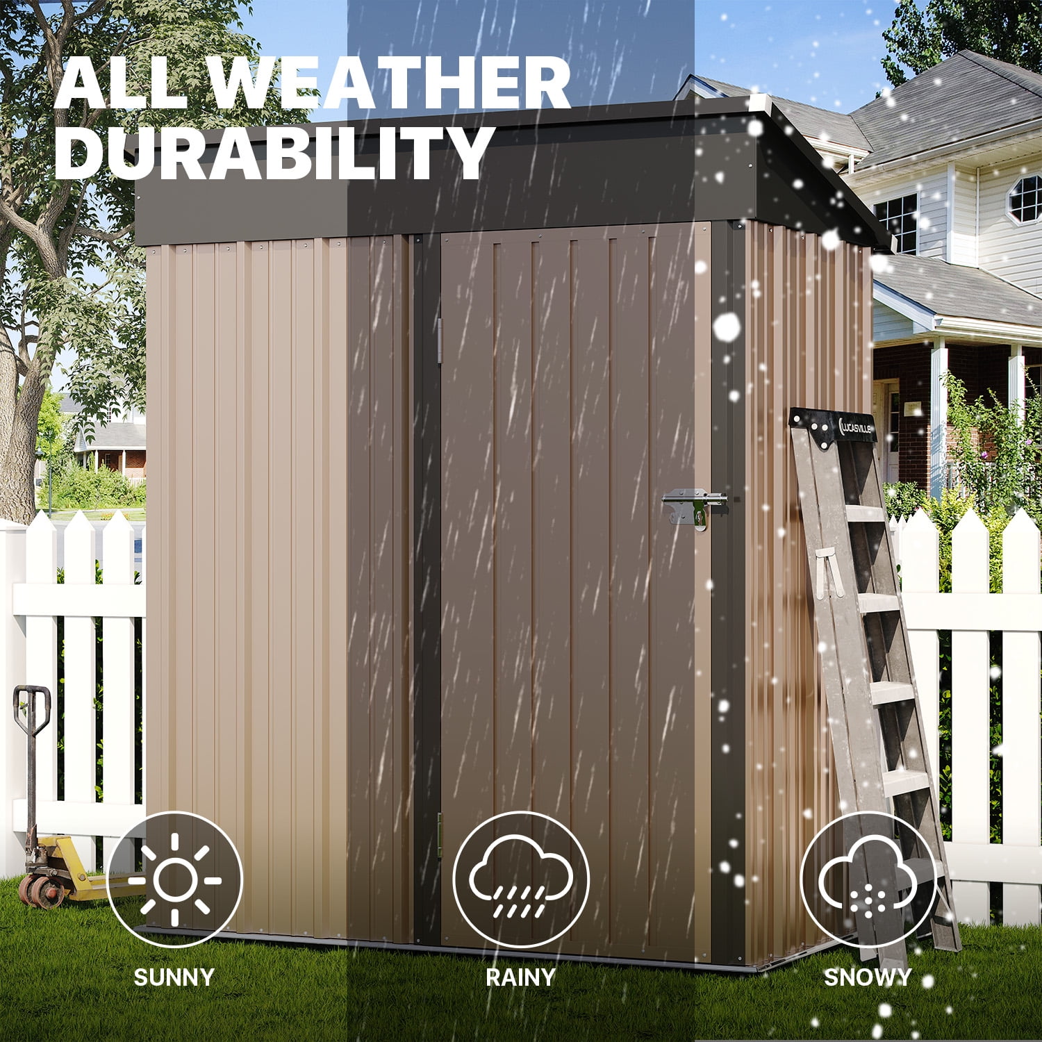 BaPiPro 5x3 FT Outdoor Storage Shed with Base, Lockable Metal Tool Shed, Waterproof Galvanized Steel Garden Storage House for Backyard, Patio, Lawn - Brown