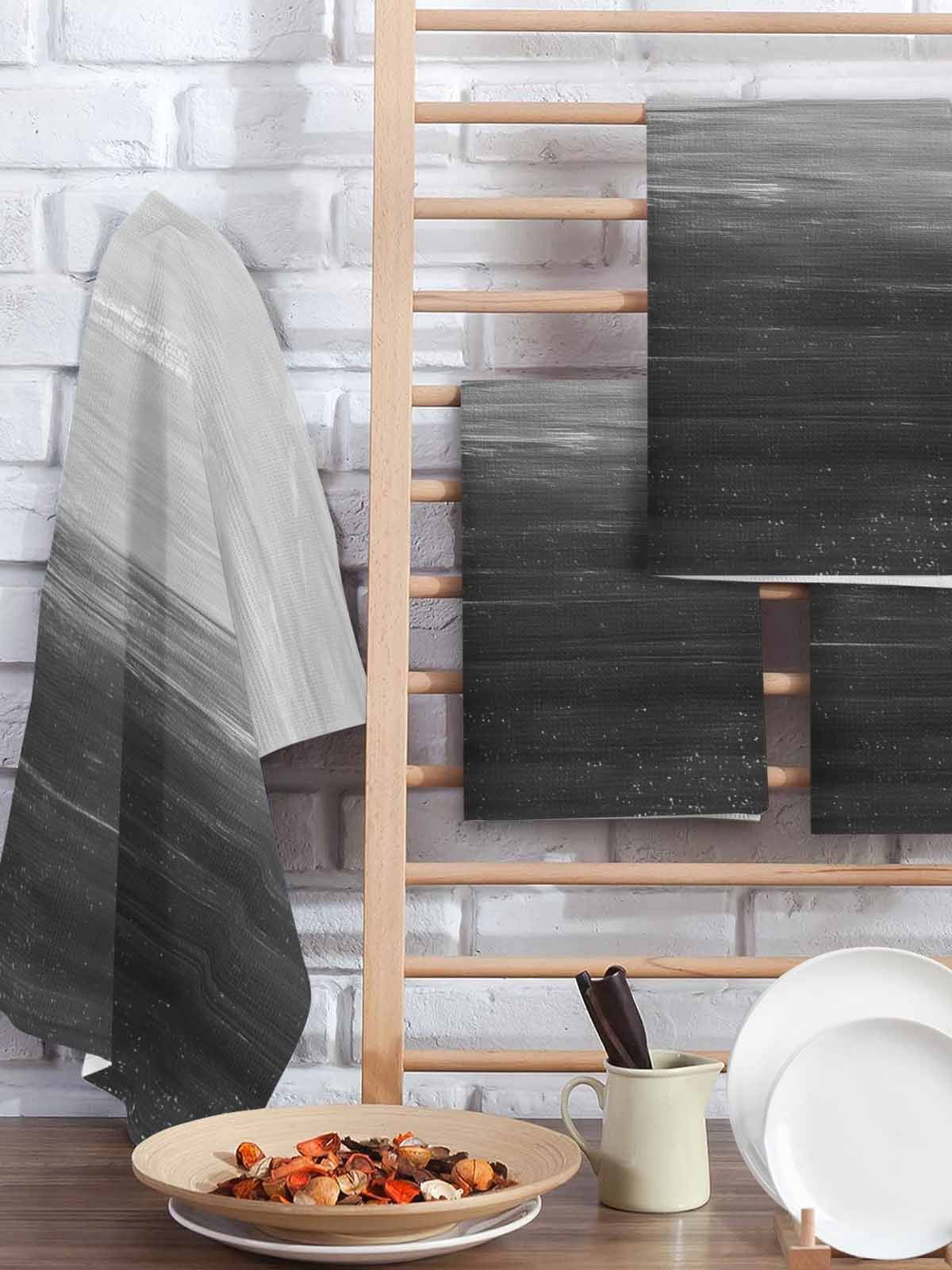 Grey Ombre Hand Towels Set, Waffle Weave Kitchen Towels 2 Pieces, Modern Abstract Art Ocean Oil Painting Microfiber Hair Face Bath Tea Towel Absorbent Quick Drying Cleaning Dish Cloths 15.7"x23.6"