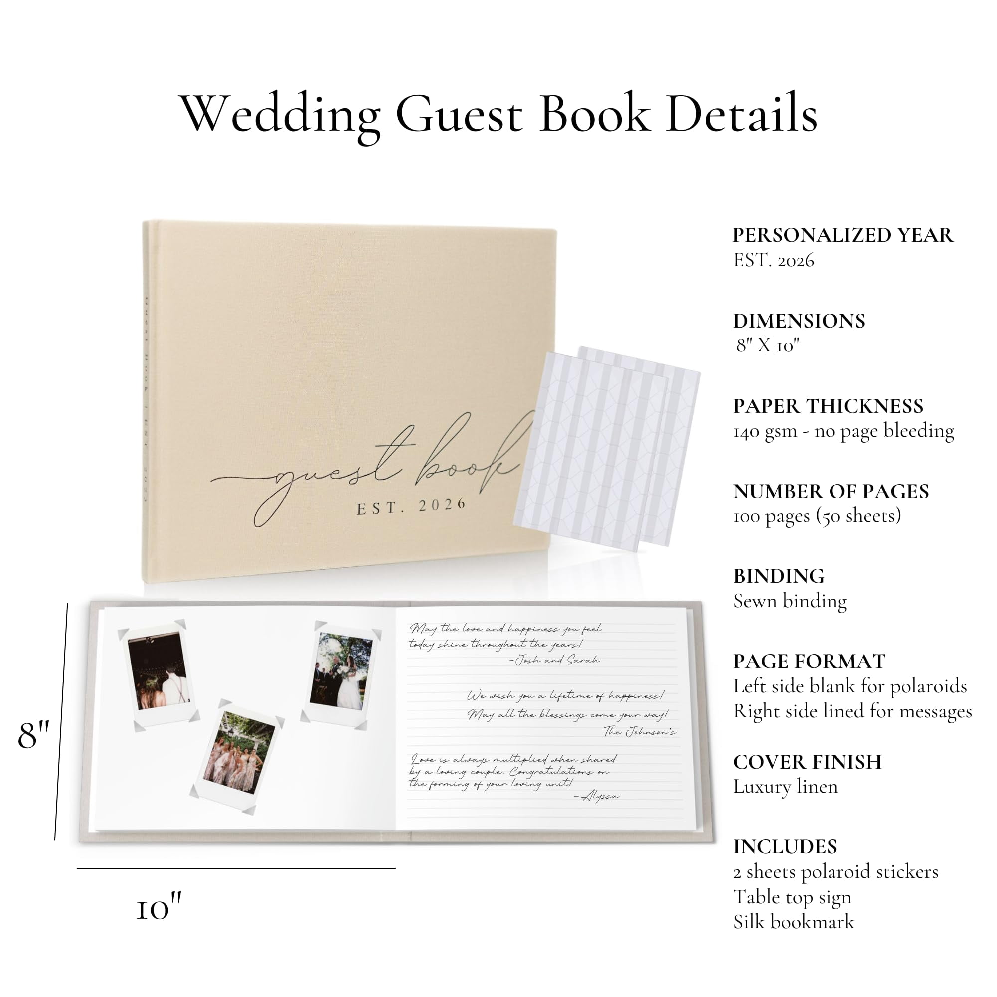 Wedding Guest Book With Personalized 2026 Year - Linen Photo Guestbook to Sign at Reception Party - Includes Clear Photo Corners Self Adhesive - 100 Pages Blank and Lined Thick Paper Guest Books