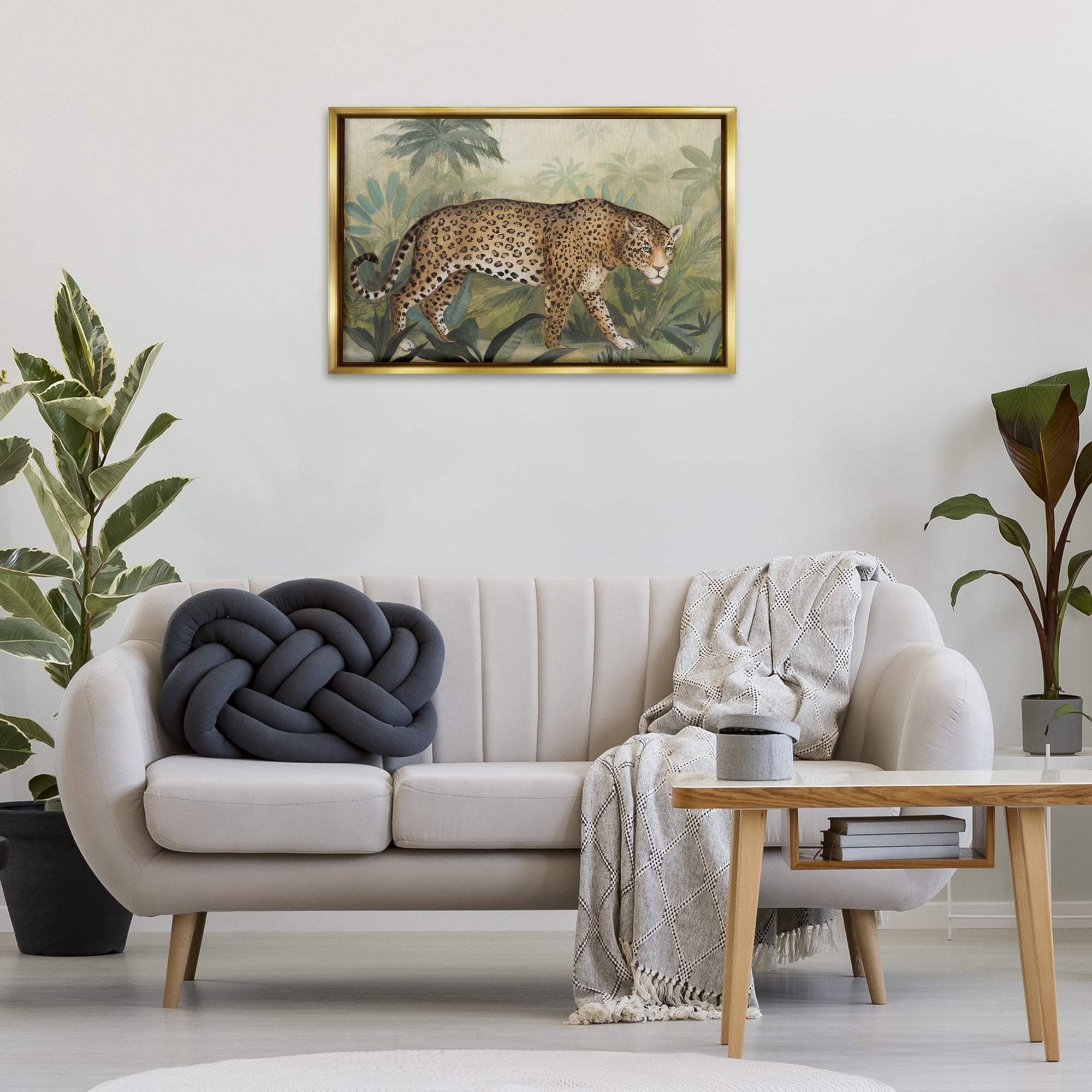 Stupell Industries Prowling Leopard in Forest Landscape Painting Gold Floater Framed Canvas Art Print Wall Art, 31 x 21