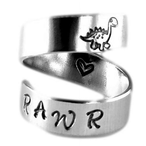 RAWR means I love you in Dinosaur spiral ring heart inside handstamped with love