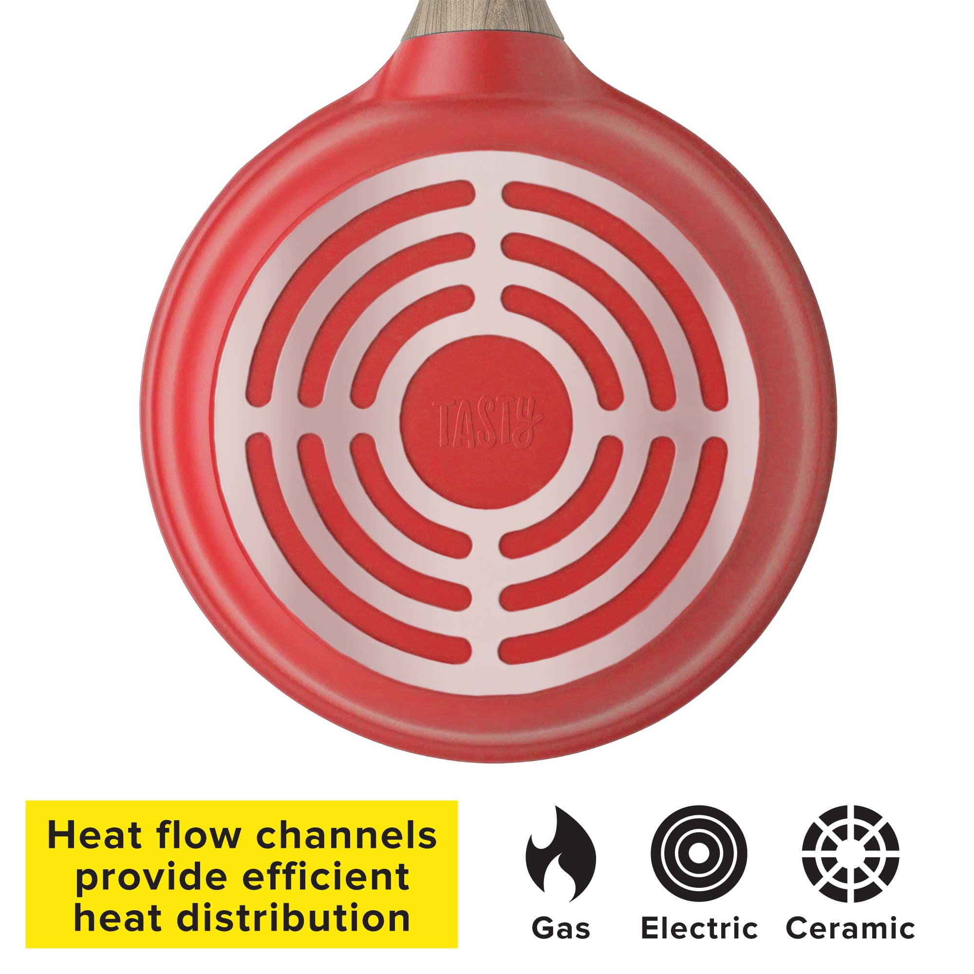 Tasty Cast Aluminum Cookware Set with Smart Heat Base, Dishwasher Safe, Red, 10 Piece