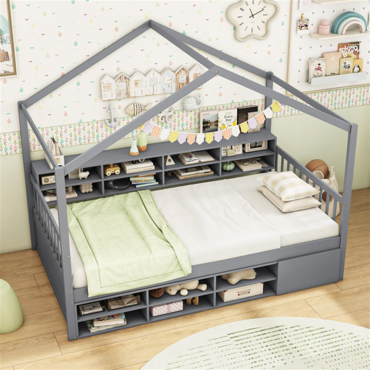 Demi Bonn Twin Size Bed Frame with 14 Storage Cubes and Enclosed Cabinet, Wooden House Bed with Roof for Bedroom, Gray